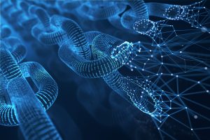 An image showing digital pixels forming a blockchain