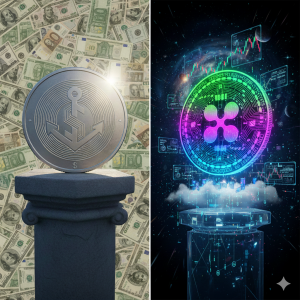 An image showing a stablecoin on the left and cryptocurrency on the right
