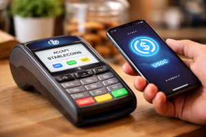 An image of a customer using stablecoins to make payment with a terminal