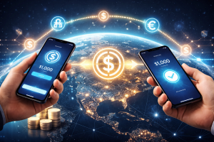 An image of two people transferring funds to pay for cross border payments