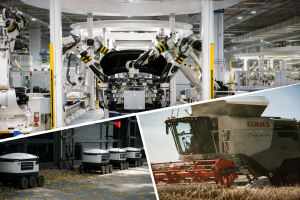 An image of robots in automotive manufacturing, delivery and agriculture applications