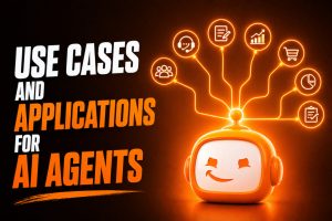 An image with the text "Use cases and applications for AI agents" with the Zetrix Avatar AI agent mascot to the right with icons