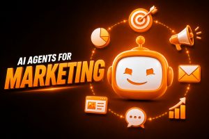 An image with text on the left reading "AI Agents for Marketing" with the Avatar mascot on the right surrounded by marketing related icons