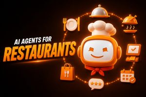 An image with the text "AI AGENTS FOR RESTAURANTS" on the left and the Avatar.inc mascot on the right wearing a chef's hat surrounded by restaurant related icons